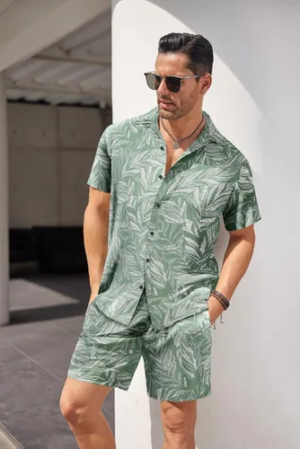 Miniatura 3 de COOFANDY Conjunto de camisa hawaiana y pantalón corto para hombre, traje de playa de 2 piezas con sombreros de pescador