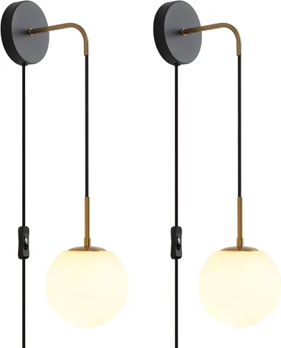 Miniatura 14 de Juego de 2 apliques de pared negros y latón dorados. Juego de 2 apliques de pared enchufables con pantalla de vidrio ámbar globo, lámparas de pared