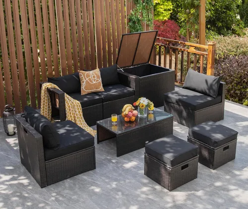 Miniatura 4 de Tangkula Patiojoy - Juego de muebles de patio de 8 piezas, sofá seccional de ratán PE para 6 personas con funda impermeable, para jardín, cubierta