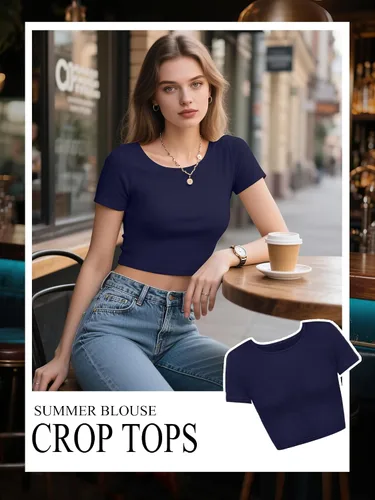 Miniatura 3 de Paquete de 4 camisetas cortas básicas ajustadas de manga corta para mujer, lindas camisetas cortas de moda con cuello redondo para mujeres