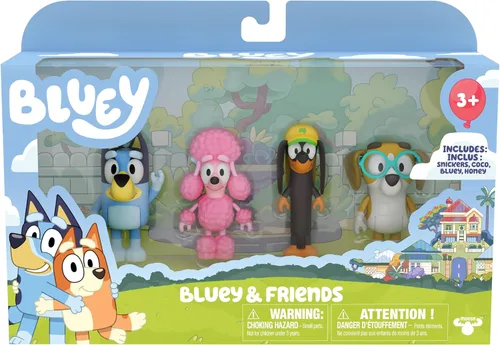 Paquete de 4 juguetes de figuras articuladas de personajes de Bluey Friends con figuras de Snickers, Honey y Coco, figuras de acción pequeñas para