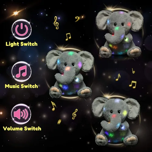 Miniatura 4 de Hopearl Elefante de peluche musical LED que ilumina y canta, volumen ajustable, canción de cuna, animado, calma, festival, cumpleaños, para niños
