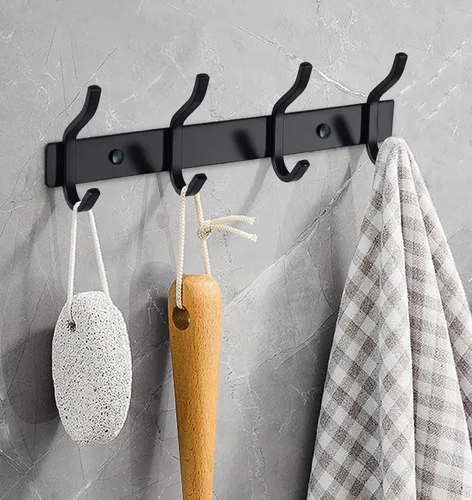 Ganchos de pared negros, perchero de pared de 30 cm con 4 ganchos, ganchos de pared resistentes para colgar mochila, bolso, cartera, ropa, sombrero,