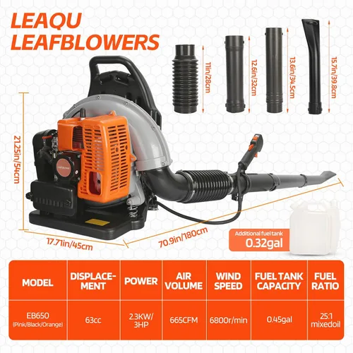 Miniatura 2 de Soplador de hojas de gas, 63CC 665CFM Mochila Soplador de hojas, 3HP 2 tiempos soplador de mochila, Soplador de hojas a gas, Soplador de gas