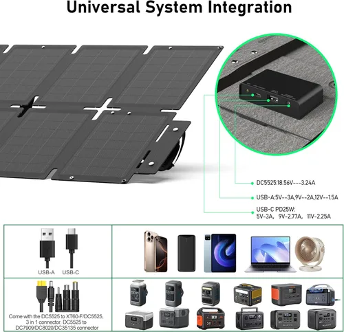 Miniatura 2 de Panel solar portátil de 60 W, monocristalino 24.8% panel solar plegable de alta eficiencia, puerto USB C, impermeable IP65 con soporte, panel solar