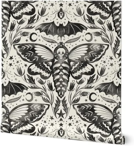 Muestro de papel tapiz extraíble – Acuarela Cráneo Polilla Damasco Negro Blanco Flor Estrellas Elegante Tinta Magia Papel pintado personalizado