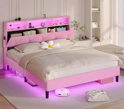 Miniatura 9 de BTHFST Marco de cama tamaño completo con luces LED y estación de carga, marco de cama LED tamaño completo con almacenamiento de cabecero, cama