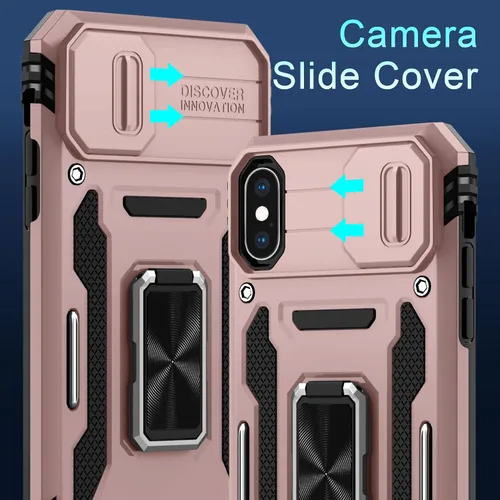 Miniatura 241 de DEERLAMN Funda para iPhone Xs Max con funda deslizante para cámara + protector de pantalla, soporte giratorio de anillo de grado militar a prueba