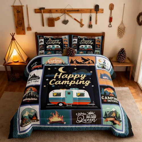 Miniatura 41 de Juego de Edredón para Acampar Feliz para Niños Tamaño Individual, Juego de Ropa de Cama Rústica de Aventura de Granja y Cabaña, Decoración