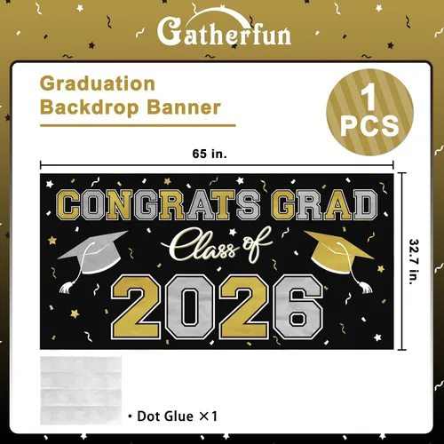 Miniatura 2 de Telón de fondo de plástico para fiesta de graduación 2026, 65 x 32.7 pulgadas, pancarta de felicitaciones graduadas en negro, decoraciones de clase