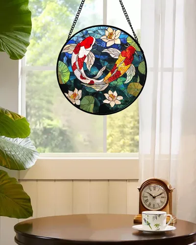 Miniatura 6 de Atrapasoles de Vidrio Manchado para Colgar en Ventanas, Koi y Loto para Puerta, Decoración del Hogar, Atrapasoles de Pescado, Regalos de Navidad