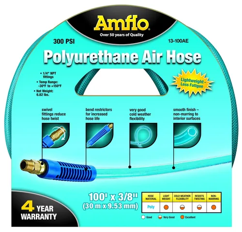 Miniatura 2 de Amflo 13-100AE Manguera de aire de poliuretano, color azul, 300 PSI, 3/8 pulgadas x 100 pies con terminaciones giratorias MNPT de 1/4 pulgadas