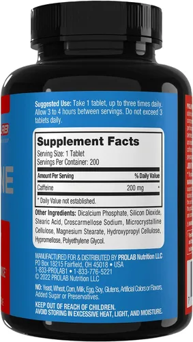 Miniatura 4 de ProLab Tabletas de cafeína de 200 mg - 200 unidades Apoyo energético, ayuda a mejorar la resistencia y la concentración mental, reducir la fatiga