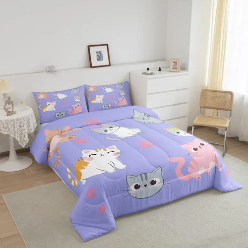Miniatura 49 de Erosebridal Juego de ropa de cama para niños, tamaño individual, diseño de gatos de dibujos animados, para niñas, niños y adolescentes, edredón