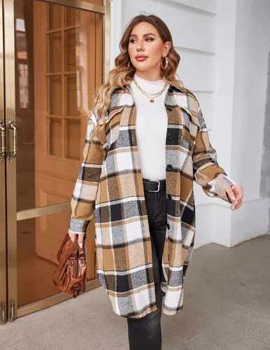 Miniatura 2 de IN'VOLAND Camisas de franela a cuadros de talla grande para mujer, manga larga, con solapa, estilo novio, con botones, chaqueta larga de tartán