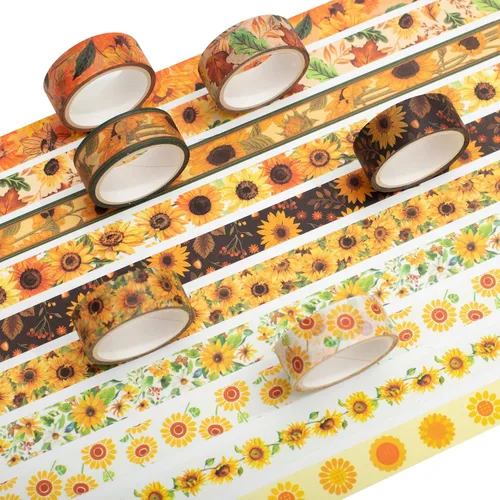 Miniatura 3 de Juego de 10 rollos de cinta washi de girasol, estampado floral, cintas decorativas para manualidades, diarios, planificadores, álbumes de recortes