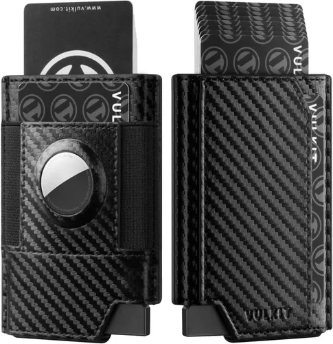 VULKIT Billetera Airtag para hombre, minimalista, con banda para dinero y soporte para AirTag, protección RFID, Fibra de carbono Negro, Minimalista