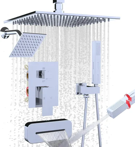 Miniatura 16 de Enga Sistema de ducha con chorros corporales de 12 pulgadas, ducha de lluvia montada en la pared y pulverizadores de mano de latón de cuerpo