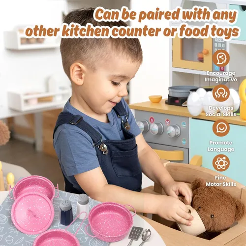 Miniatura 5 de Juego de accesorios para cocina de juguete para niños, juego de cocina para niños pequeños, ollas y sartenes de acero inoxidable coloridas, regalos