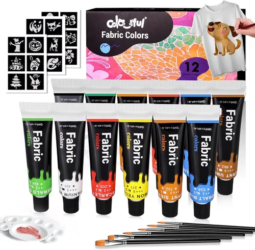 Colorful Juego de Pintura de Tela para Ropa de 12 Colores - Kit de Pintura Textil Permanente para Zapatos, Lienzo - Juego de Pintura Antideslizante
