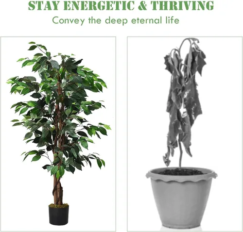Miniatura 4 de Goplus Árbol de seda artificial de ficus de 4 pies, árbol falso en maceta con hojas verdes y tronco natural, sin mantenimiento, planta sintética