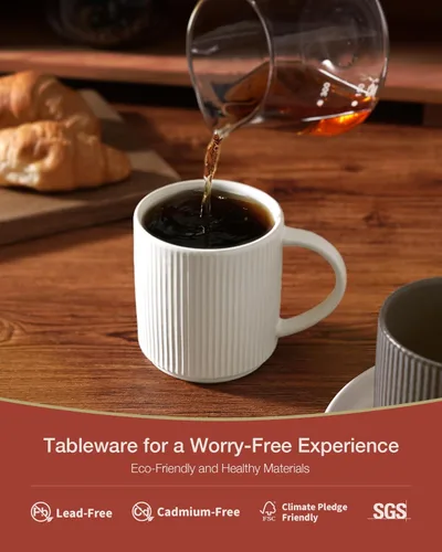 Miniatura 2 de Juego de Tazas de Café Famiware para 6, Tazas de 12 oz con Asa para Café, Té, Cacao, Leche - Juego de Vajilla de Cerámica y Gres, Blanco Mate Blanco