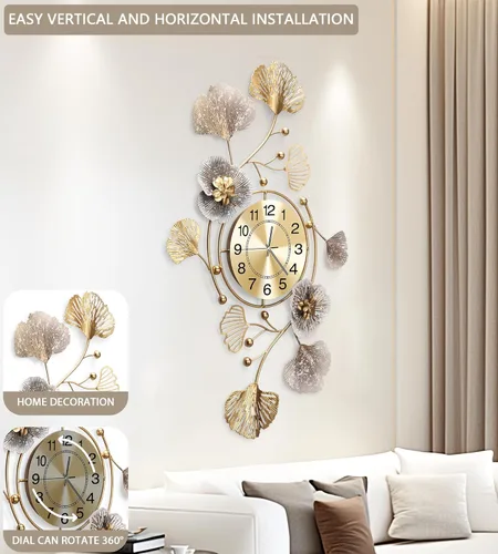Miniatura 4 de Relojes para sala de estar, reloj de pared grande, reloj de pared silencioso 3D, diseño retro de hoja de ginkgo de metal, para dormitorio, cocina