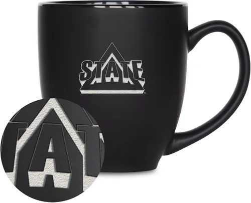 Miniatura 427 de Rico Industries - Taza de cerámica mate negra con grabado láser estándar de 15oz para NCAA (escuelas T & U) - Para bebidas calientes o frías