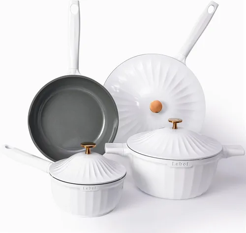 Juego de utensilios de cocina de cerámica antiadherente (7 piezas) – Juego de ollas y sartenes de aluminio fundido en titanio con tapas, sin