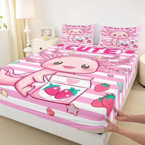 Lindo Axolotl - Sábana bajera ajustable para niños, tamaño individual, juego de ropa de cama de animales marinos de dibujos animados, decoración de