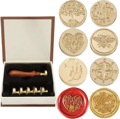 Miniatura 8 de Juego de sellos de cera Yoption, 6 sellos de cera de cobre + 1 kit de sellos de cera de madera vintage retro clásico, kit de sello de cera