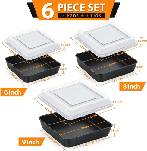 Miniatura 2 de E-far Juego de 3 moldes cuadrados de 6/8/9 pulgadas con tapa, antiadherentes cuadrados para hornear, núcleo de acero inoxidable y fácil de limpiar