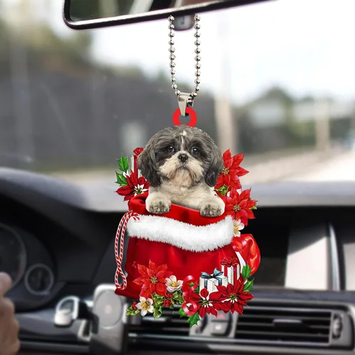 Miniatura 6 de Talataca Lhasa Apso - Bolsa de regalo de Papá Noel en color rojo, 2D, accesorios para espejo retrovisor para automóvil, adorno para árbol