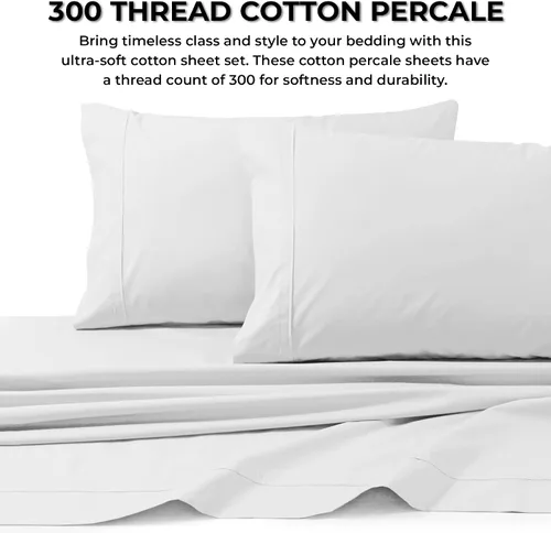 Miniatura 4 de Tribeca Living Juego de sábanas y fundas de almohada de algodón percal de algodón fresco y suave, bolsillo extra profundo, 300 hilos, ropa de cama