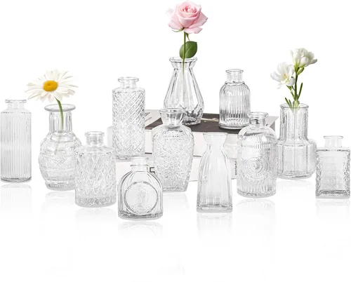 Miniatura 9 de Juego de 4 jarrones de cristal para brotes, pequeños jarrones de flores transparentes vintage como centros de mesa para mesa a granel, lindos mini