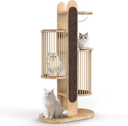 Miniatura 9 de Moderna torre de árbol para gatos de interior, torre para gatos de madera maciza de 67 pulgadas de alto con postes rascadores, casa de lujo natural