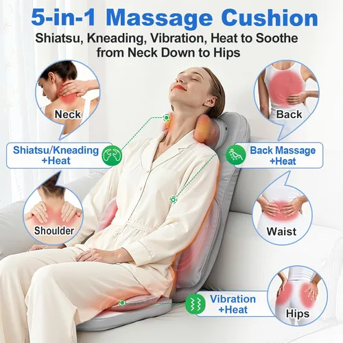 Miniatura 2 de Cojín de masaje Shiatsu para cuello y espalda con calor - Amasamiento 4D y vibración para alivio muscular, diseño de doble cuello, intensidad