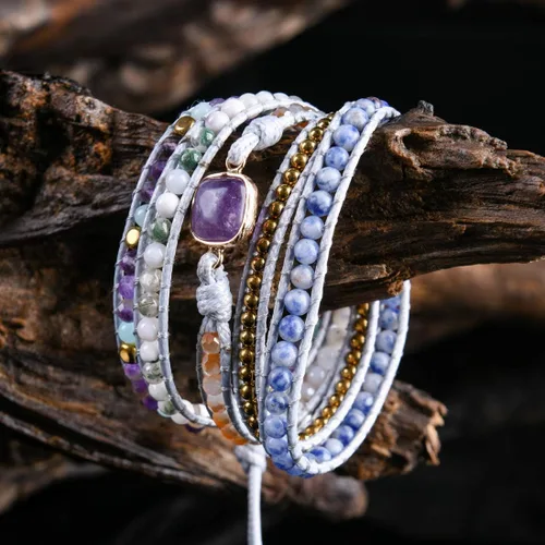 Miniatura 6 de YGLINE Pulsera de 5 envolturas de cera curativa con cuentas de piedra natural, Piedra