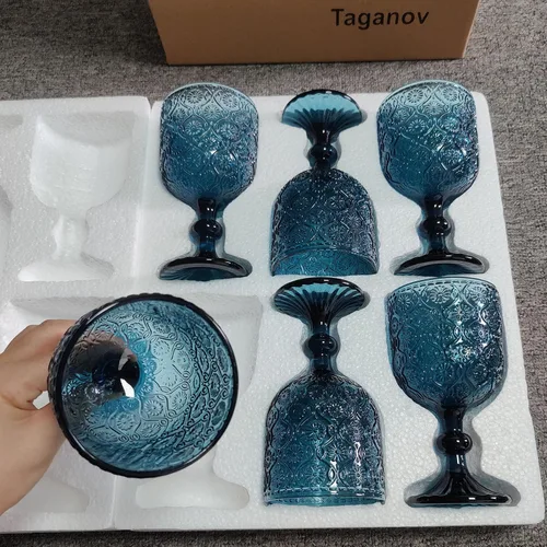 Miniatura 8 de Taganov Juego de 6 copas de vino de vidrio azul vintage, cristalería para beber con tallo, 12 onzas, 350 ml, para bodas, fiestas, barra
