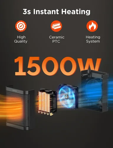 Miniatura 2 de Calentador de espacio de 1500 W para uso en interiores, calentador de cerámica PTC con termostato, calentador de espacio pequeño 3 modos, calentador