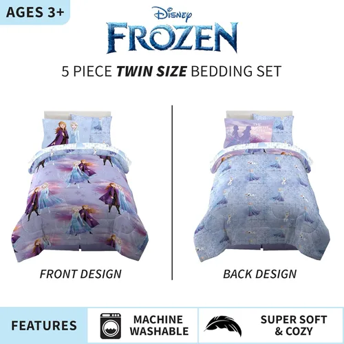 Miniatura 3 de Disney Frozen 2 - Juego de ropa de cama supersuave para niños, edredón y sábanas con funda de almohada, 5 piezas, tamaño individual, "Oficial