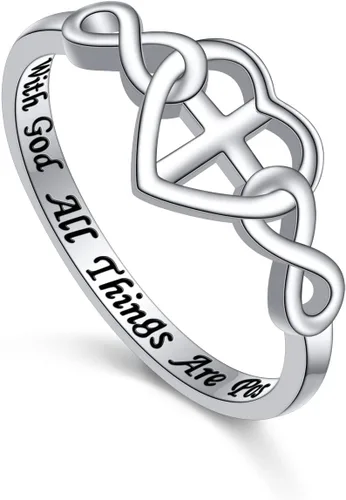 DAOCHONG Collar de plata de ley S925 con cruz cristiana, corazón, inspirador, versículo bíblico, collar y rinags para mujeres y adolescentes
