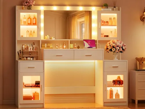Miniatura 4 de HUAHUU Escritorio grande con espejo y luces, tocador de maquillaje de 54.3 pulgadas con 4 gabinetes RGB y 4 cajones, juego de tocador blanco
