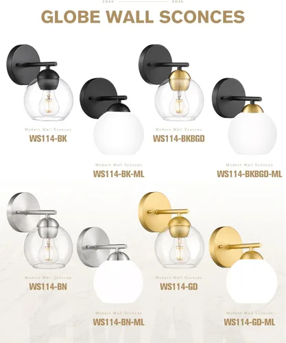 Miniatura 7 de Emak WS114-GD-ML-2PK - Moderno paquete de 2 apliques de pared de globo, luz dorada con pantalla de vidrio de leche para baño, sala de estar, fotos