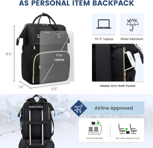 Miniatura 3 de LOVEVOOK Mochila para laptop de 17 pulgadas para mujer, mochila grande de viaje para computadora con puerto de carga USB, mochila antirrobo