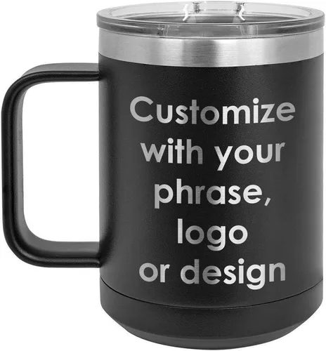 Personalizado Negro 15 oz taza de café w/tapa deslizante superior | Añadir su texto personalizado con nombres, frase, diseño o logotipo de la