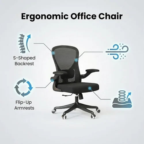 Miniatura 19 de Silla de oficina ergonómica con soporte lumbar, silla de escritorio de malla de respaldo alto con brazos abatibles, silla de trabajo ajustable