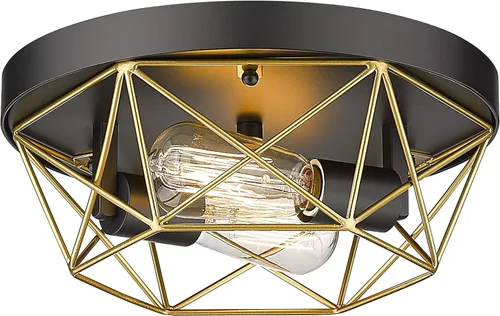 HWH - Lámpara de techo industrial de 2 luces, montaje empotrado de jaula de metal de latón, negro y dorado para dormitorio, pasillo, vestíbulo, sala