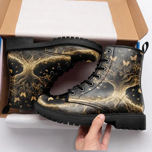 Miniatura 2 de Botas de Combate Florales de Setas para Mujer - Botas Góticas de Bosque Witchcore Tacón Grueso Cuero Vegano Moda con Cordones Botines Negros