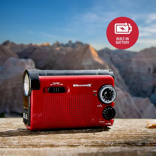 Miniatura 2 de Radio AM/FM y banda del clima Weather X WR182R NOAA con linterna manual con manivela para alimentación con dinamo (rojo y negro).